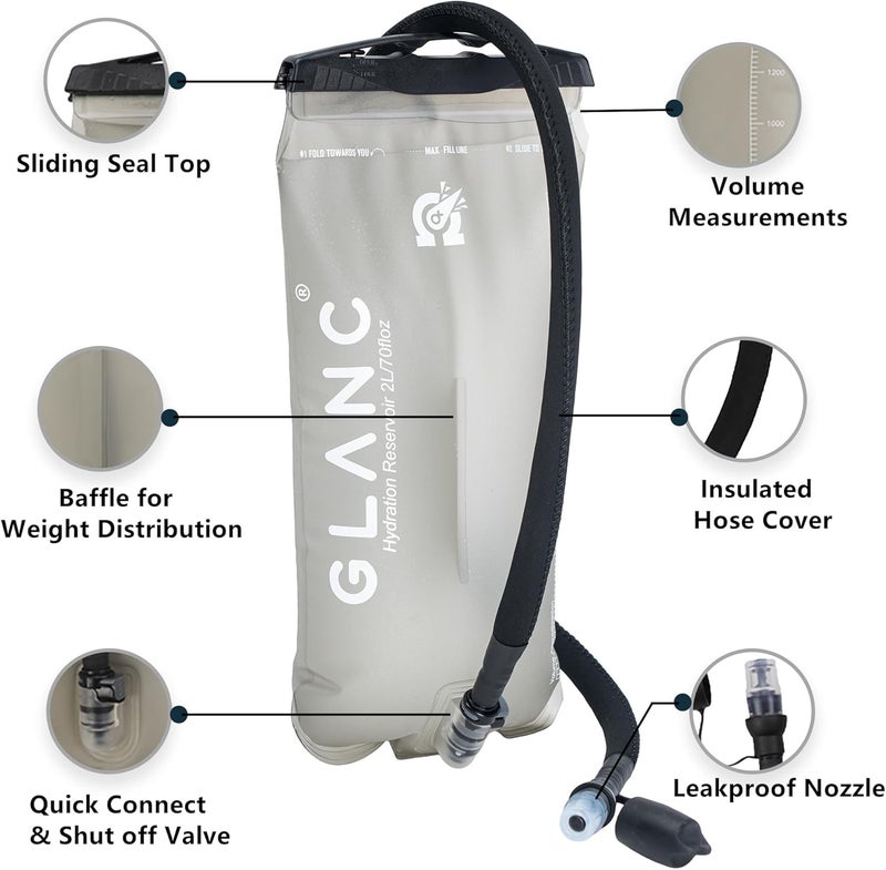 GLANC Hydration Bladder - 2L Water Bladder with Cleaning Kit for Outdoor Hiking Backpack, BPA Free Leakproof Water Reservoir for Hydration Pack, Insulated Hose & High Flow Bite Valve - Image 2